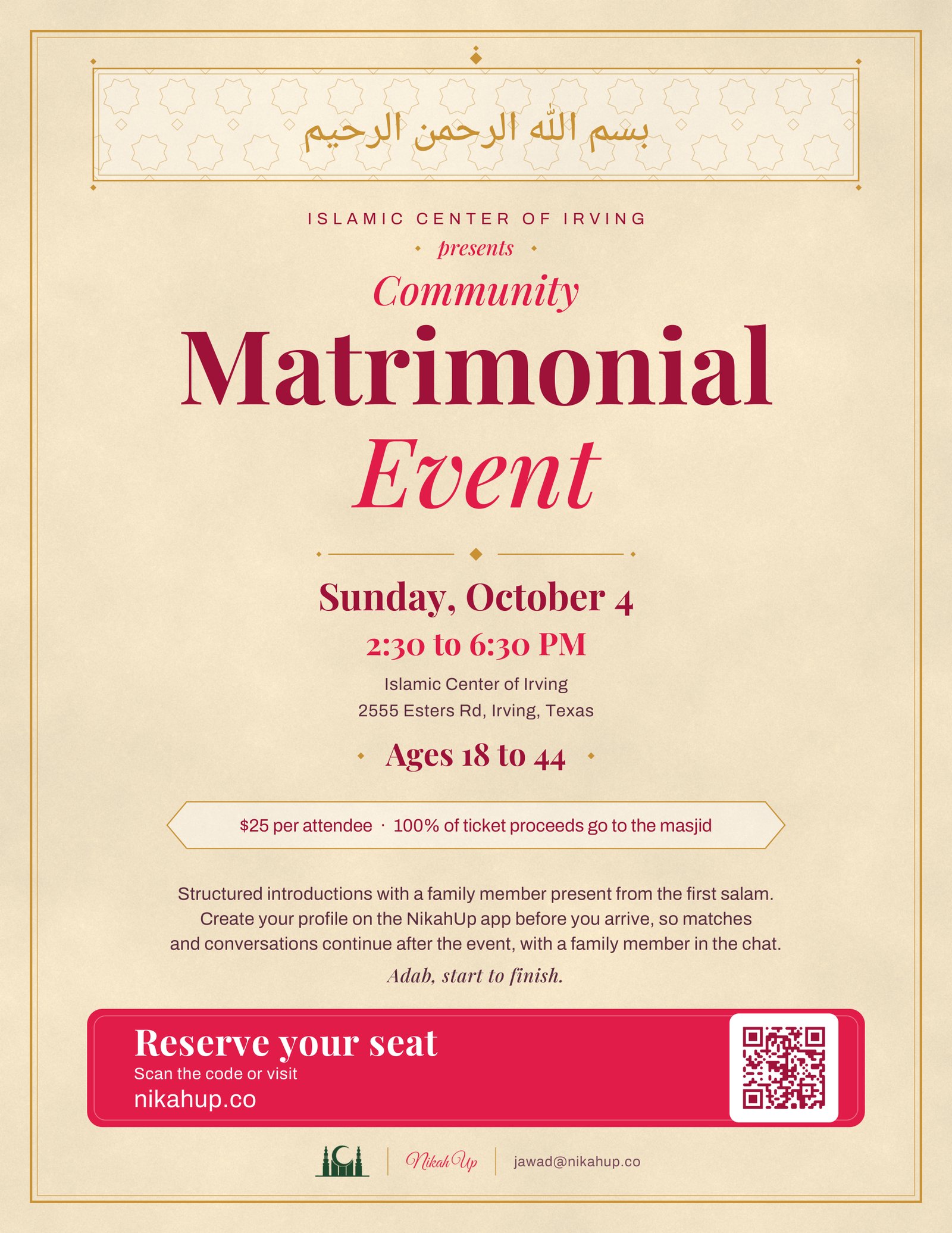 Islamic Center of Irving Matrimonial Event flyer. Irving, Sunday October 4, 2:30 to 6:30 PM, ages 18 to 44.