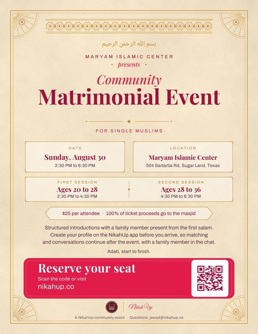 Maryam Islamic Center Matrimonial Event flyer. Sugar Land, Sunday August 30.